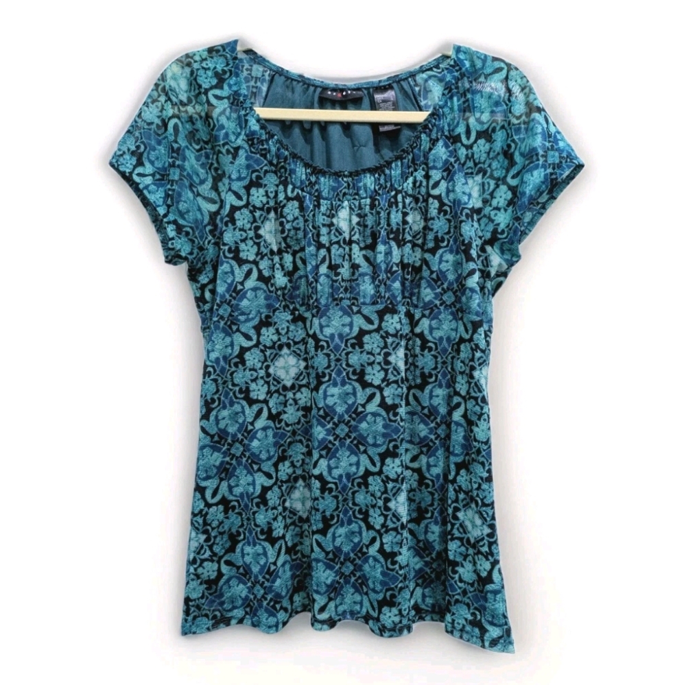 Axcess Womens Sheer Babydoll Top Size Large‎ Fairy Grunge Y2K Lined Blue Teal